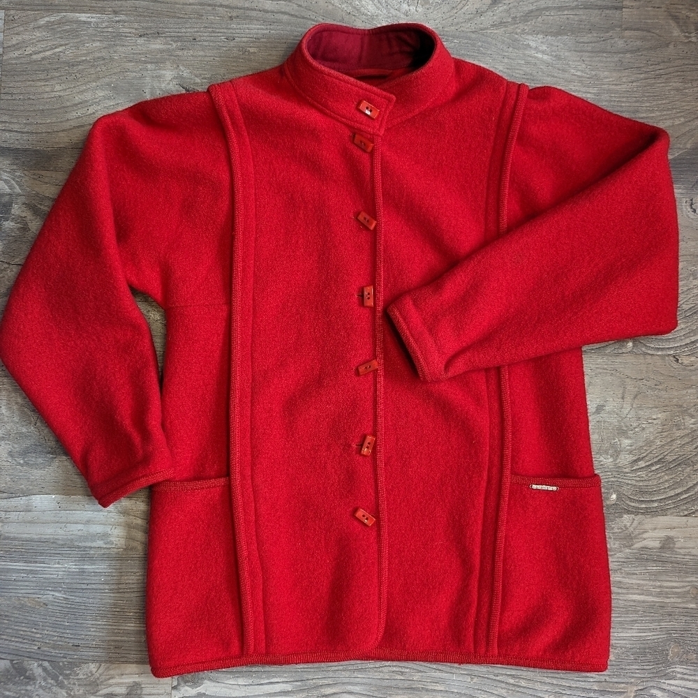 GEIGER Women's vintage‎ red 100% Wool cardigan jacket Austria Sz 38